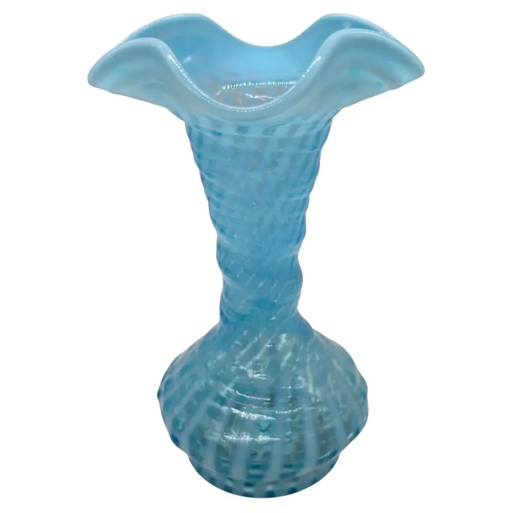 VINTAGE FENTON BLUE OPAL SWIRL OPTIC VASE 8